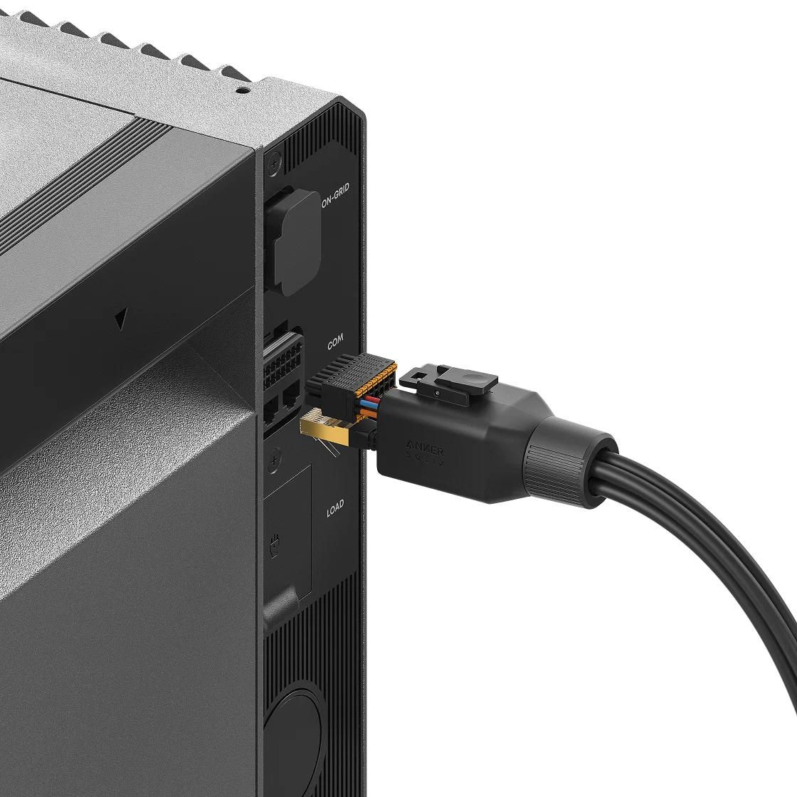 Anker SOLIX Communicatieconnectorset aangesloten op de COM-poort van de Solarbank Max AC voor externe bedrade communicatie.