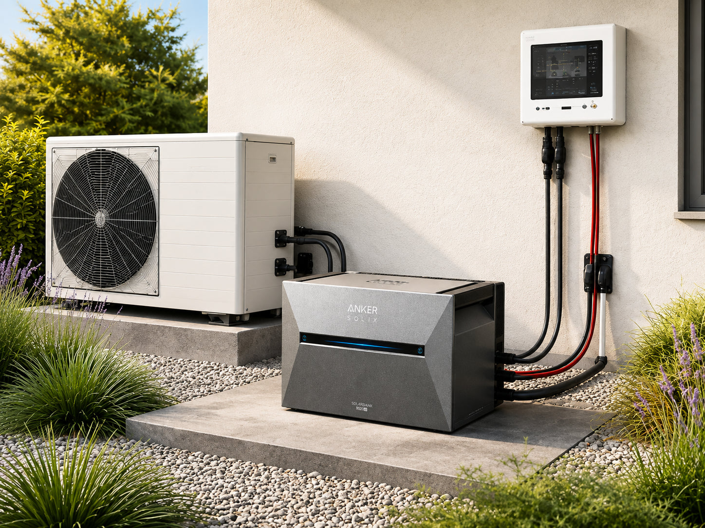 Anker SOLIX Solarbank Max AC gekoppeld aan een SG-Ready warmtepomp via de communicatieconnectorset voor bedrade communicatie.