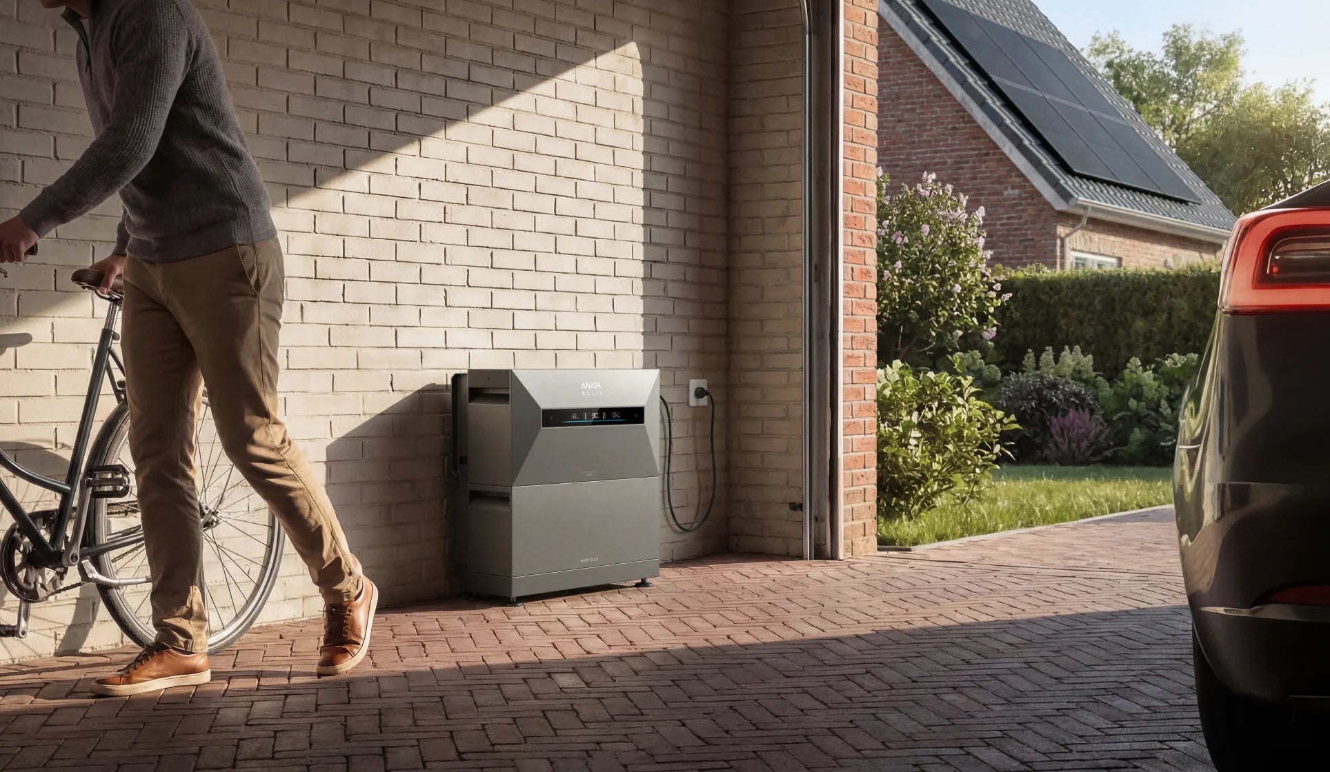 Anker SOLIX Solarbank Max AC geplaatst op de Anker SOLIX montagebasis voor een stabiele, verhoogde buiteninstallatie naast de woning.