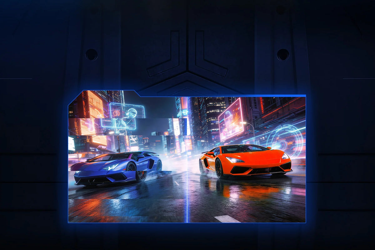 Racegame op de Xiaomi Gaming Monitor G25i 2026 met en zonder FreeSync Premium naast elkaar