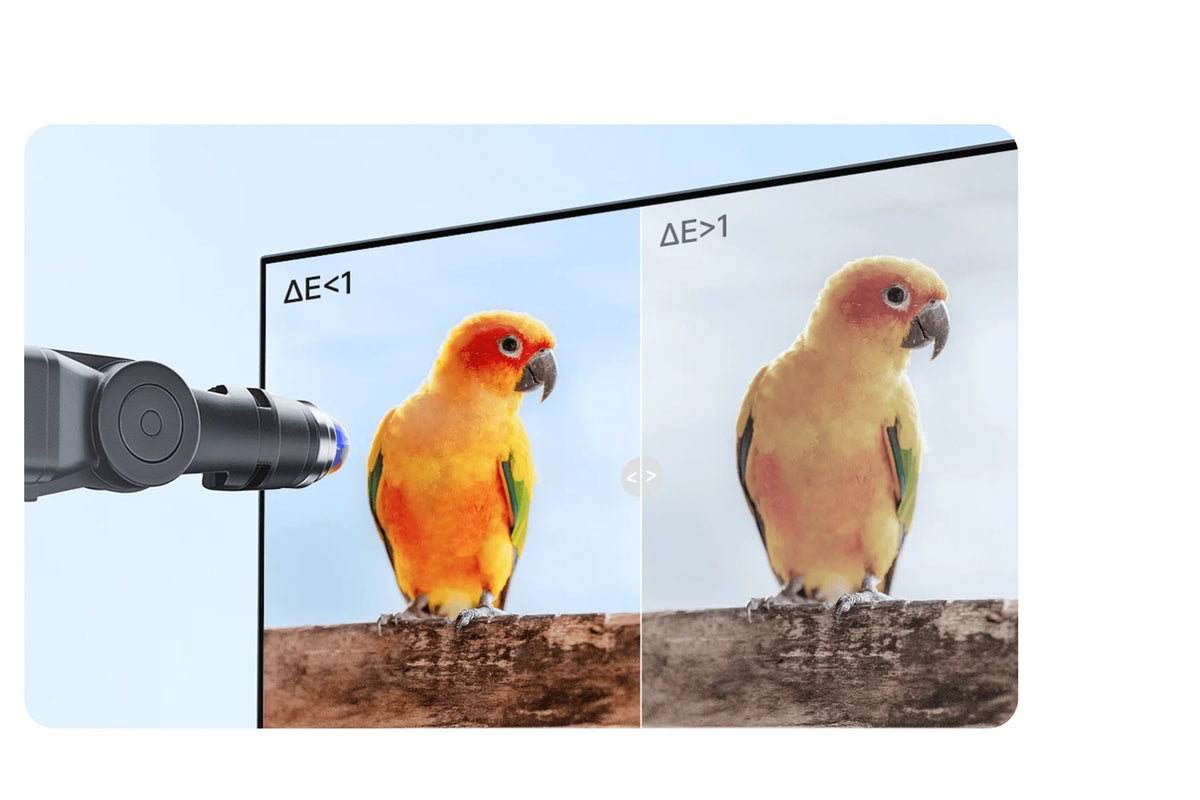 Kalibratiemeter op het scherm van de Xiaomi 2K Monitor A27Qi 2026, met een papegaai als kleurtest