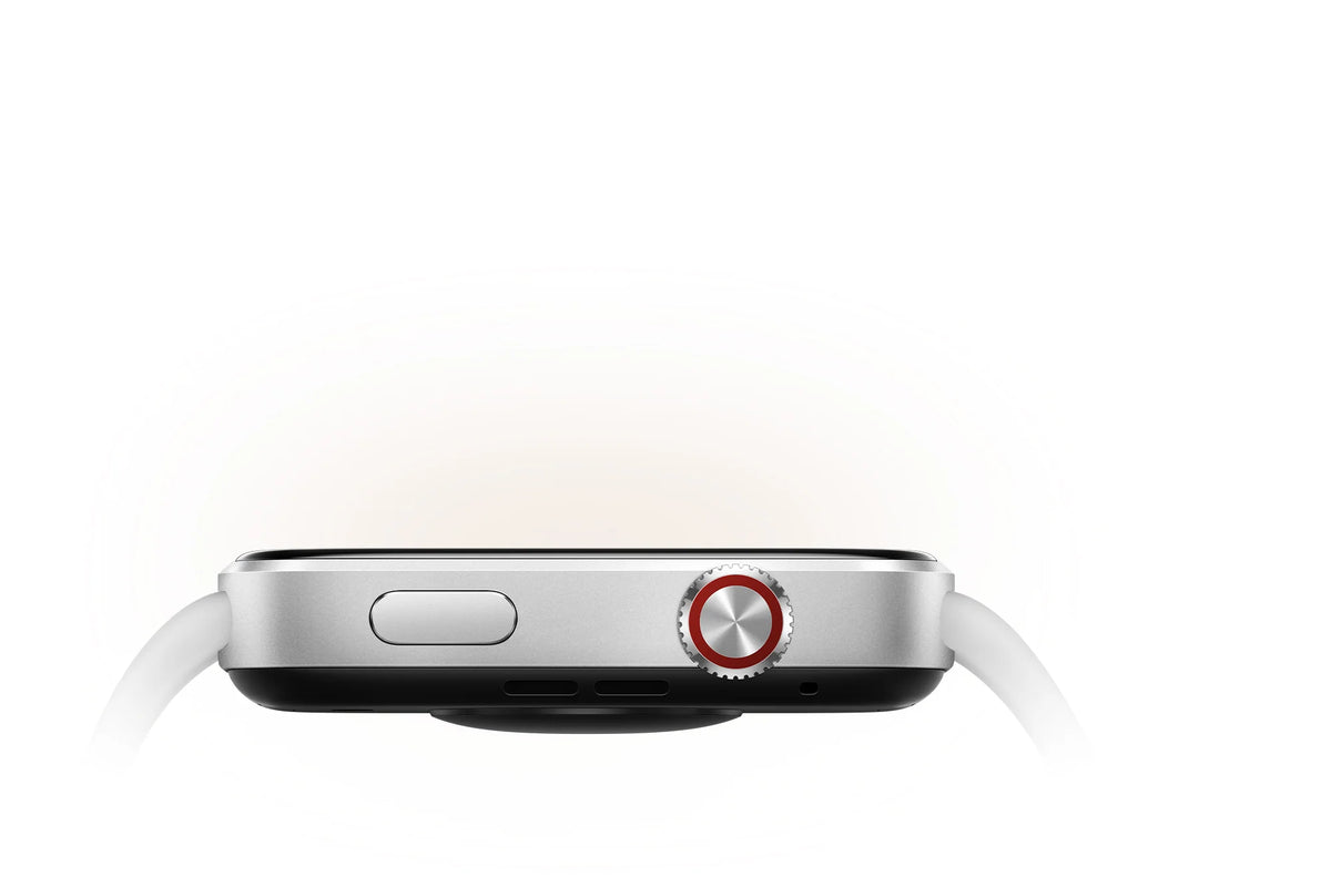 Zijkant van de Xiaomi Redmi Watch 6 met draaikroon en tweede knop