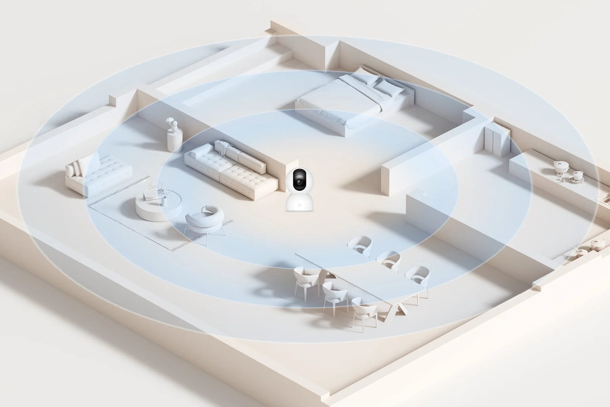 Plattegrond van een woning met het 360° bereik van de Xiaomi Smart Camera C401