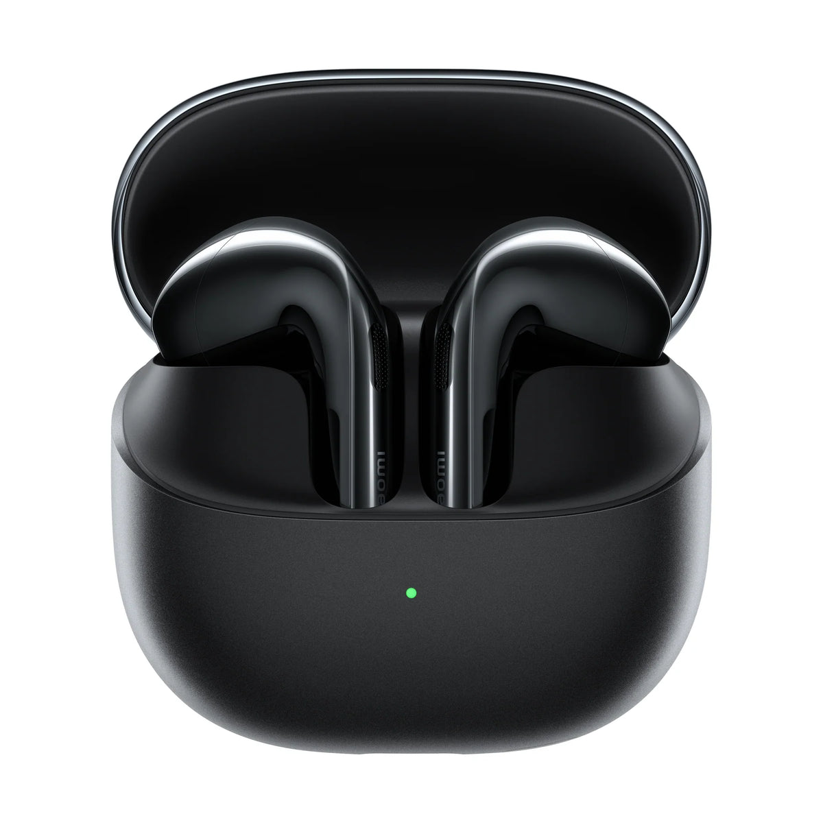 Xiaomi Buds 6 in zwart, recht van voren met de oplaadcase open