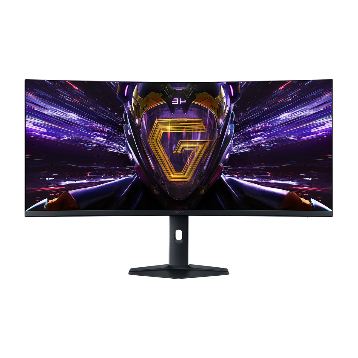 Xiaomi Curved Gaming Monitor G34WQi 2026 recht van voren op een witte achtergrond, met het G-logo op het scherm