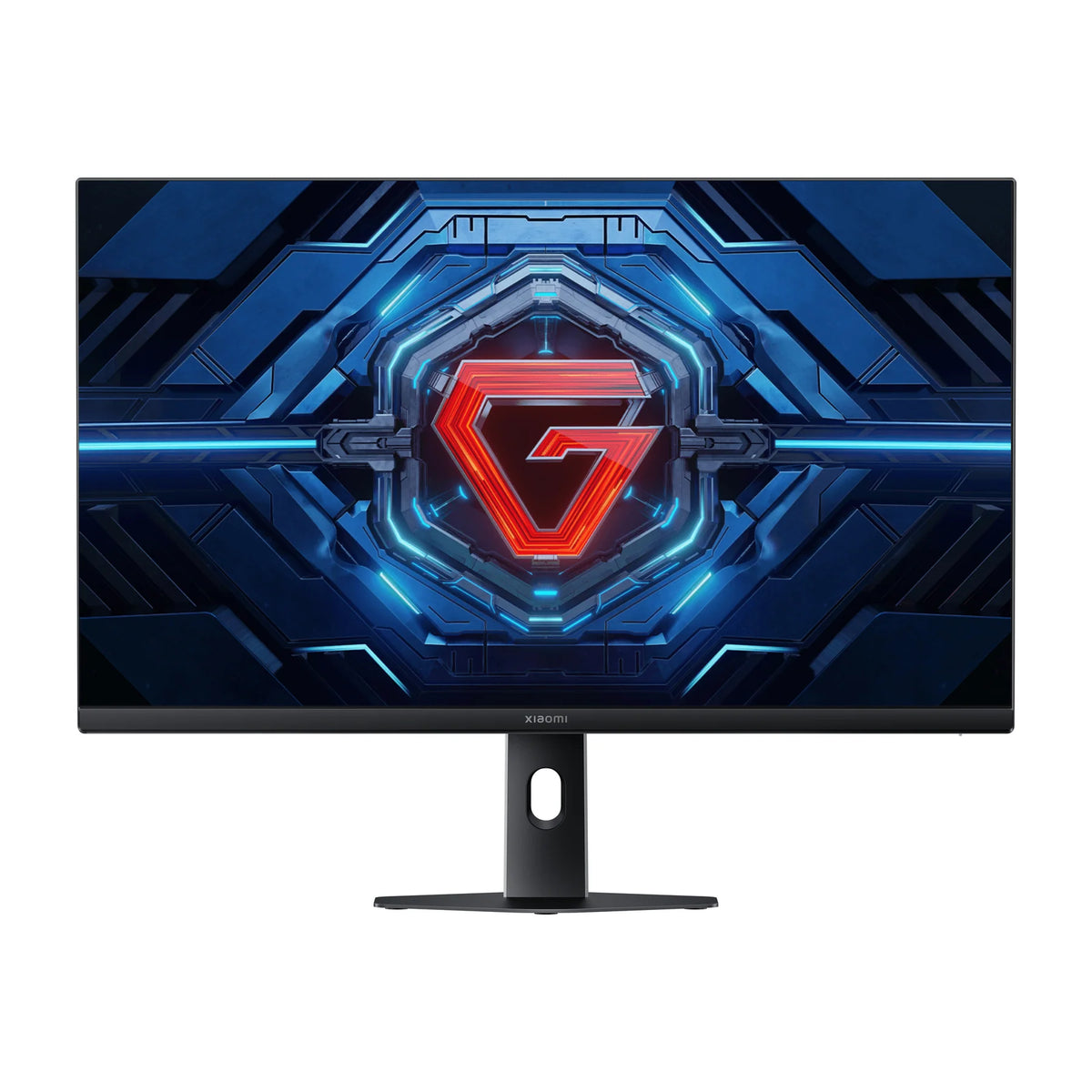 Xiaomi Gaming Monitor G27i 2026 recht van voren, met het rode G-logo op het scherm