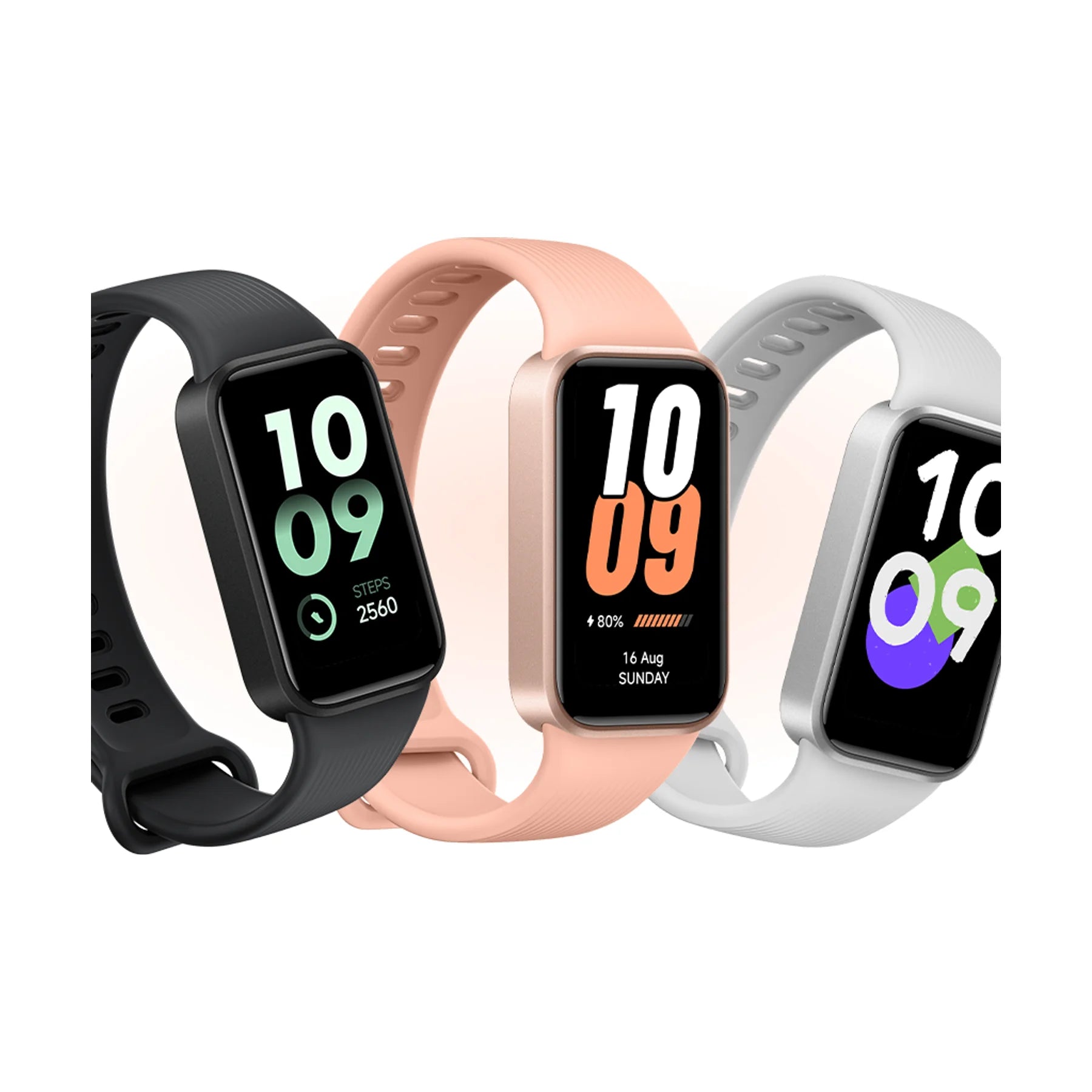 Xiaomi Smart Band 11 Active in Black, Pomelo Pink en Gray recht van voren