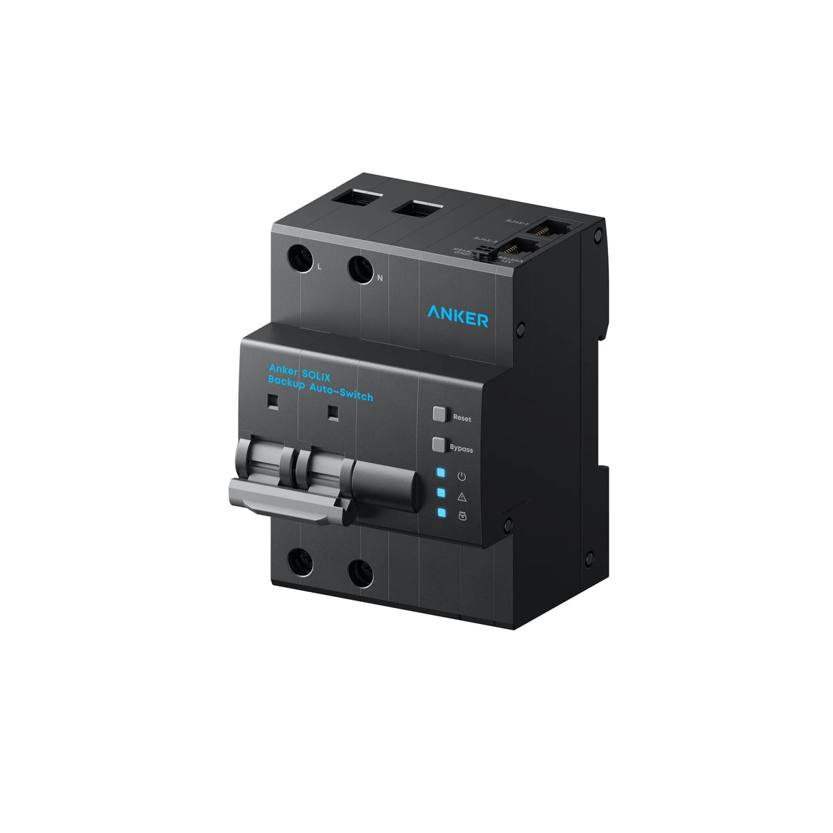 Anker SOLIX Backup Auto-Switch schuin van rechts met netwerkpoorten in beeld