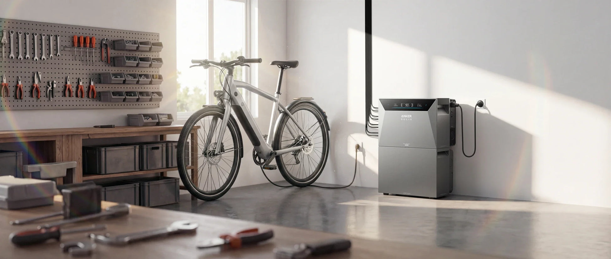 Anker SOLIX Solarbank 4 E5000 Pro in de garage naast de werkbank