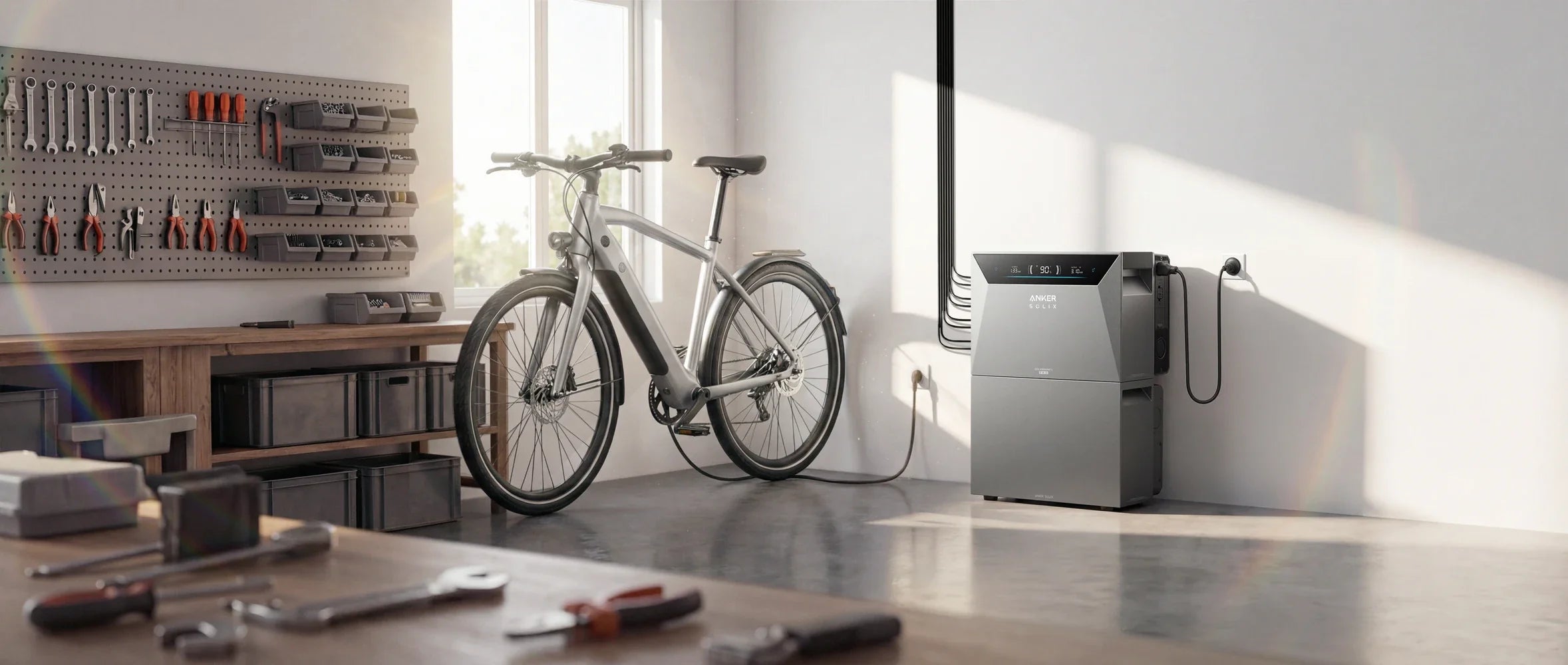Anker SOLIX Solarbank 4 E5000 Pro in de garage naast de werkbank