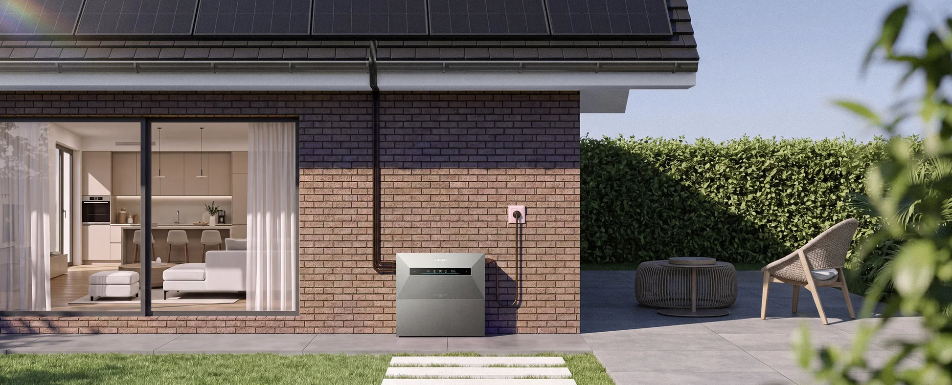 Anker SOLIX Solarbank Max Hybrid tegen de gevel van een woning