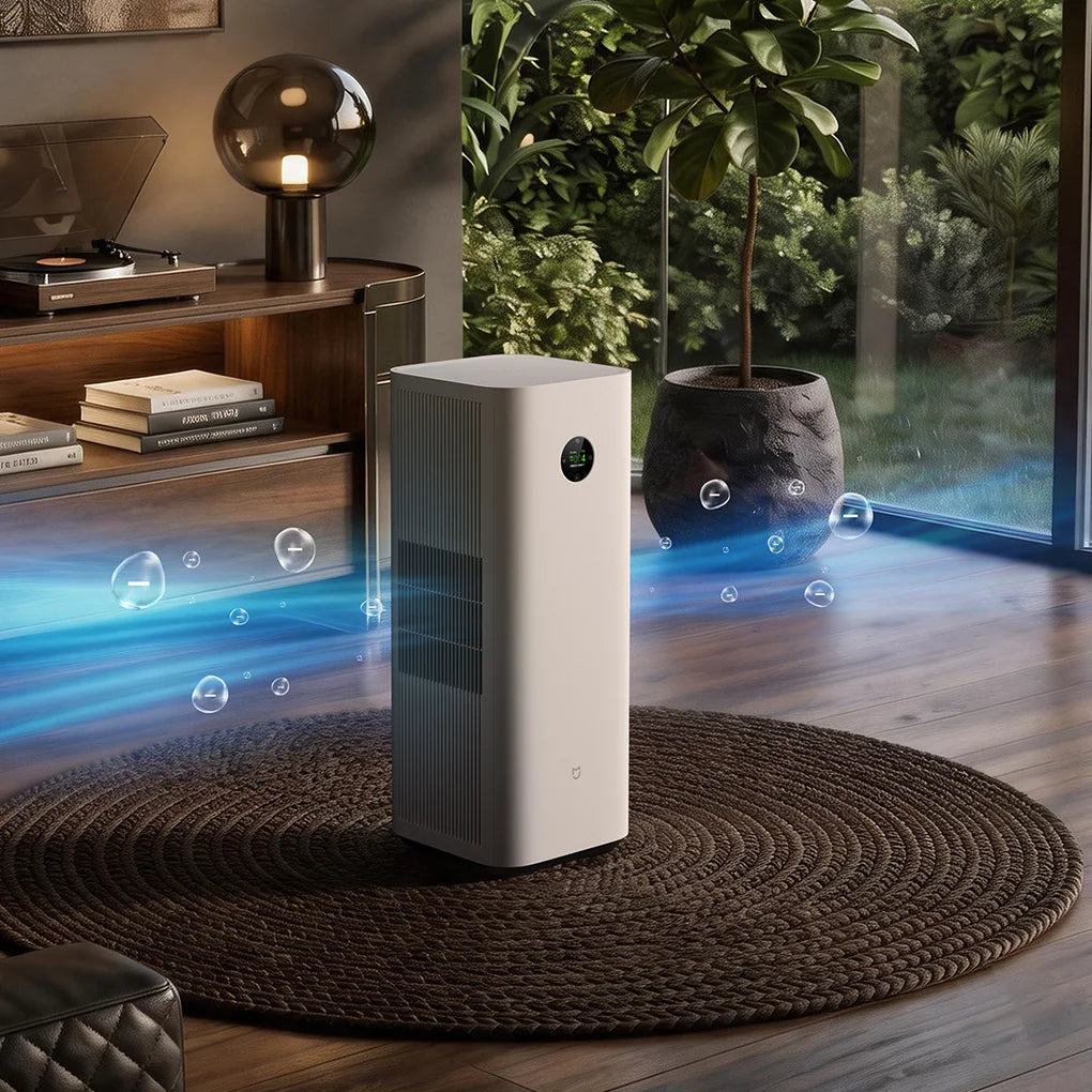 Xiaomi Mijia Smart Air Purifier 6 Plus op een rond kleed in een woonkamer met luchtstroom