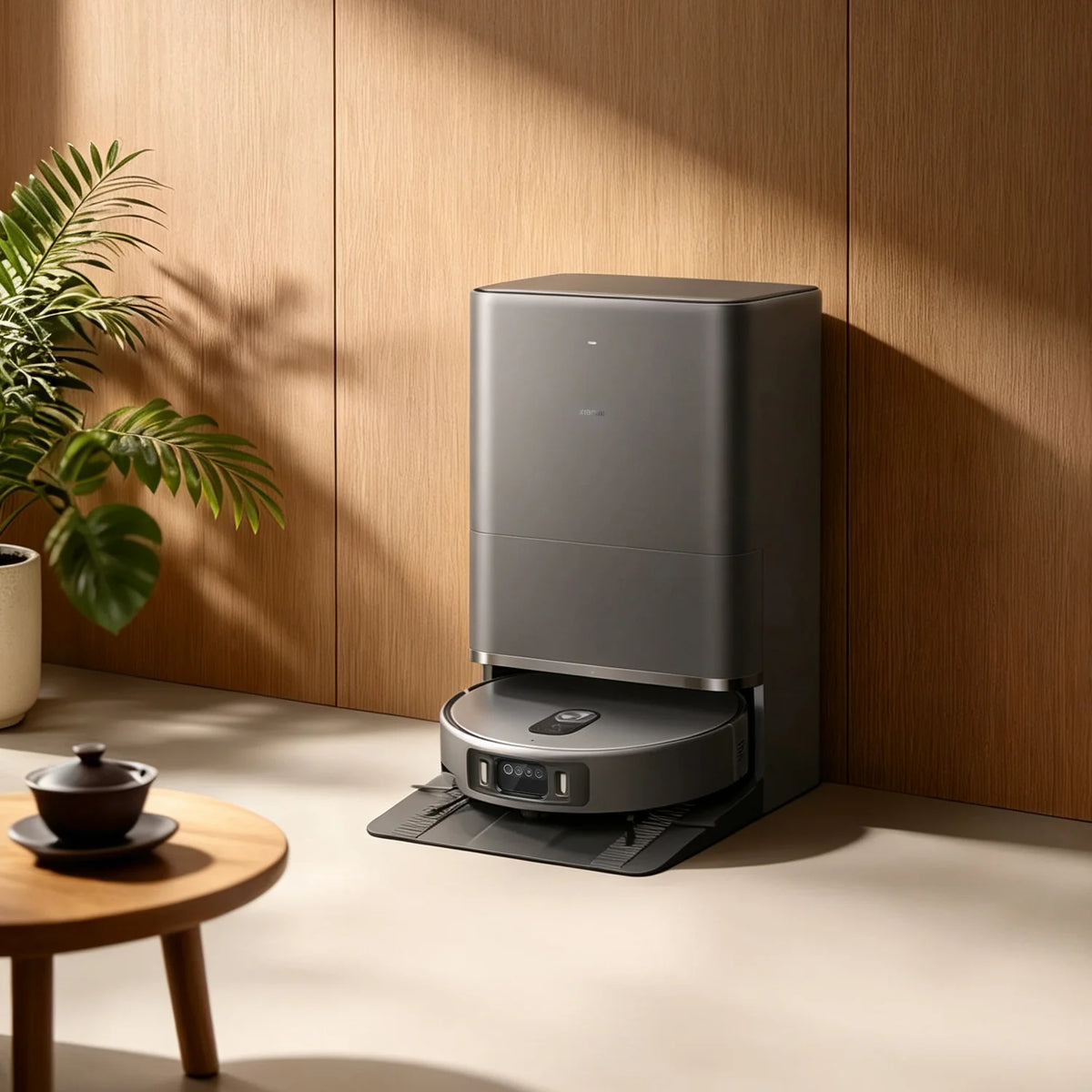 Woonkamer met houten wand waar de Xiaomi Robot Vacuum 6 Max in zijn station staat