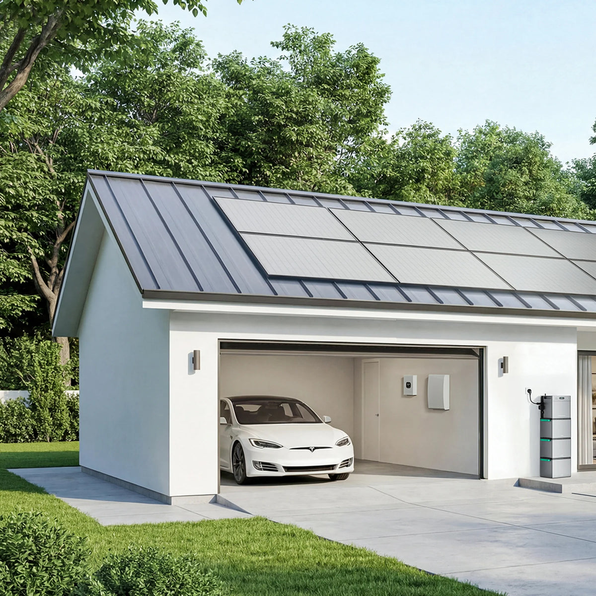 Zendure SolarFlow 2400 AC+ naast de garage van een woning met zonnepanelen