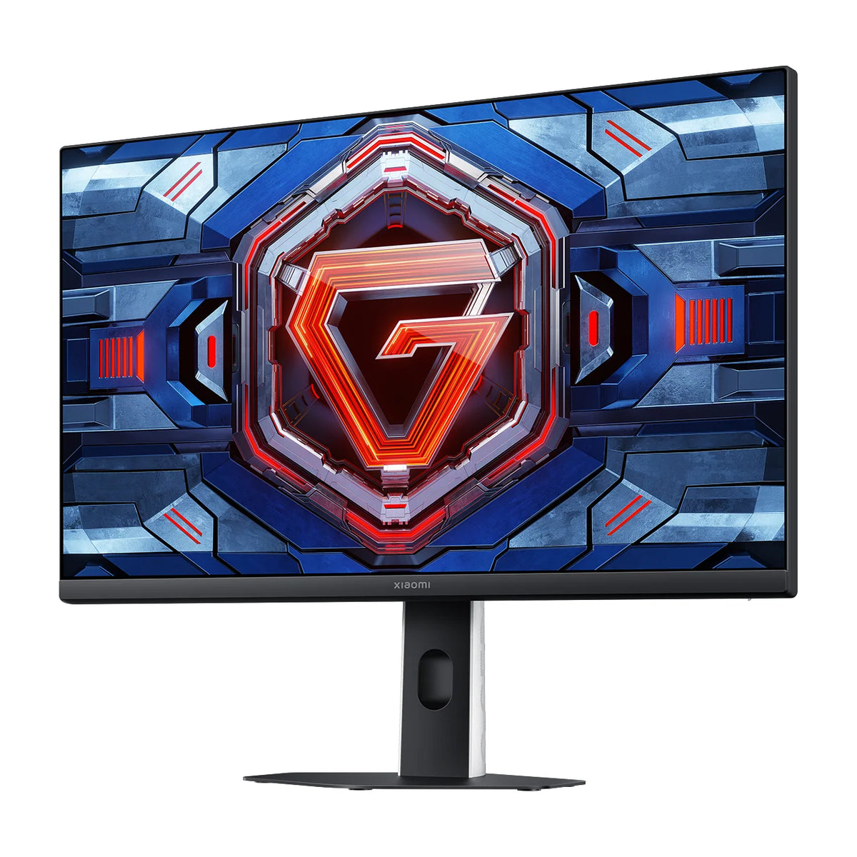 Xiaomi Gaming Monitor G25i 2026 schuin van links gezien, met het G-logo op het scherm