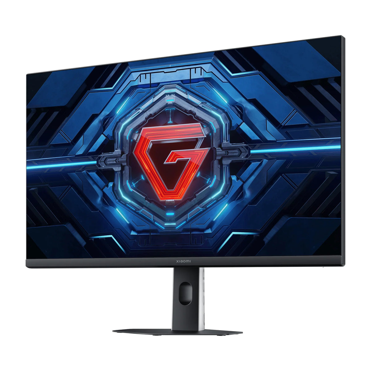 Xiaomi Gaming Monitor G27i 2026 schuin van links, met het G-logo op het scherm