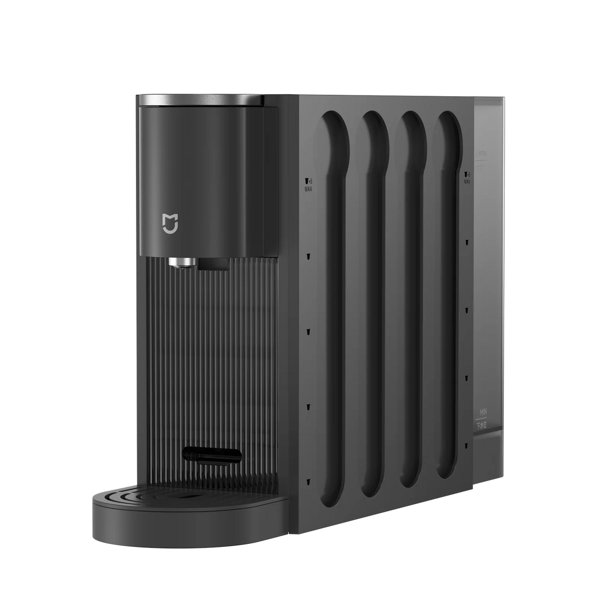 Xiaomi Mijia Capsule Coffee Machine schuin van links met de capsulehouder aan de zijkant
