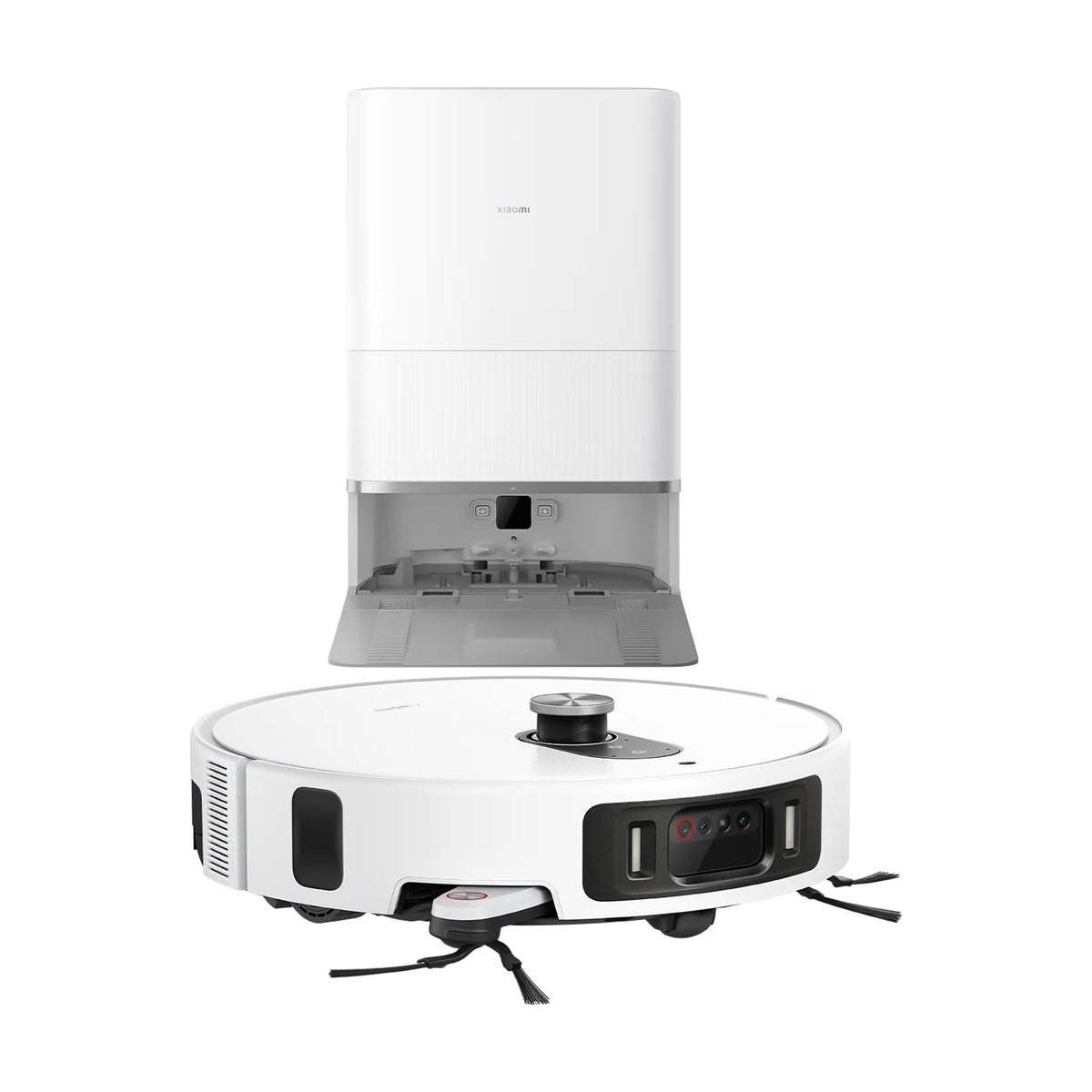 Schuin vooraanzicht met de Xiaomi Robot Vacuum 6 Pro vóór zijn station