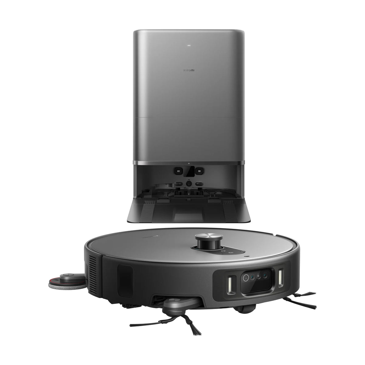 Schuin vooraanzicht met de Xiaomi Robot Vacuum 6 Max vóór zijn station