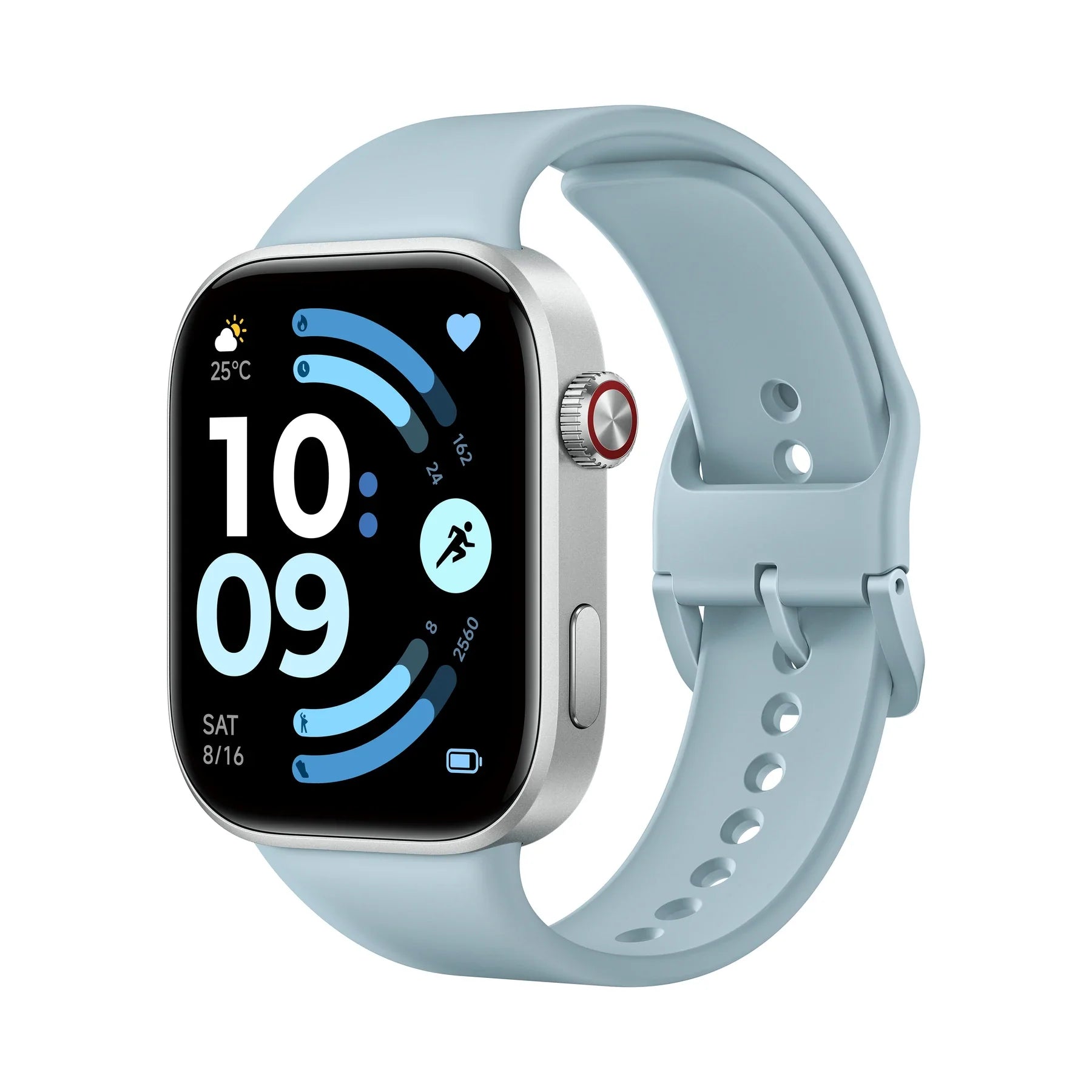 Xiaomi Redmi Watch 6 in het blauw schuin van rechtsvoor op witte achtergrond