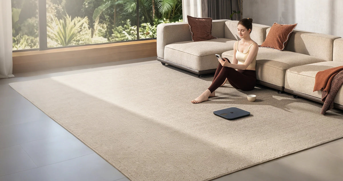 Xiaomi Mijia Body Composition Scale S400 Pro op het vloerkleed in een lichte woonkamer