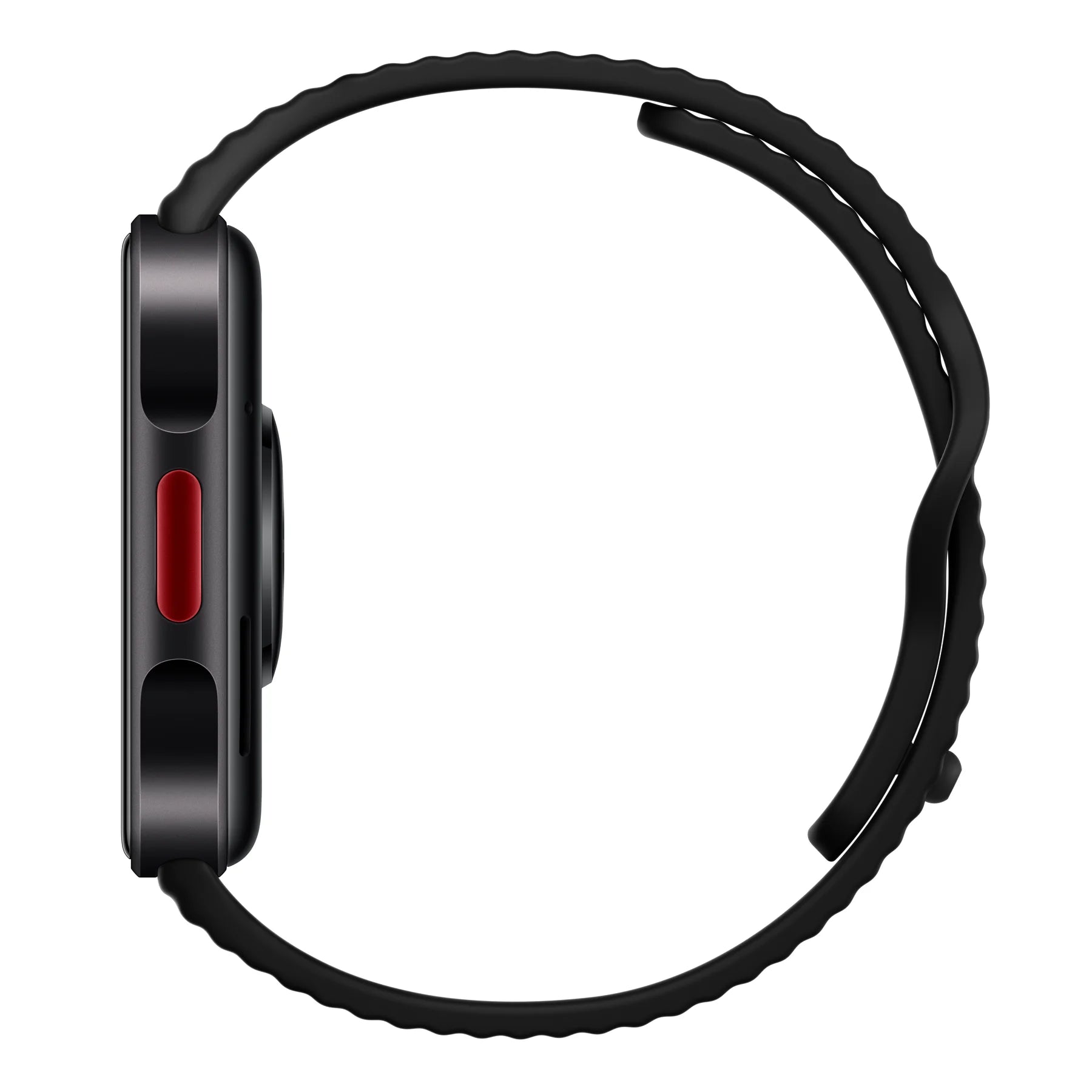 Zijaanzicht van de zwarte Xiaomi Redmi Watch 6 Lite met verhoogde sportknop