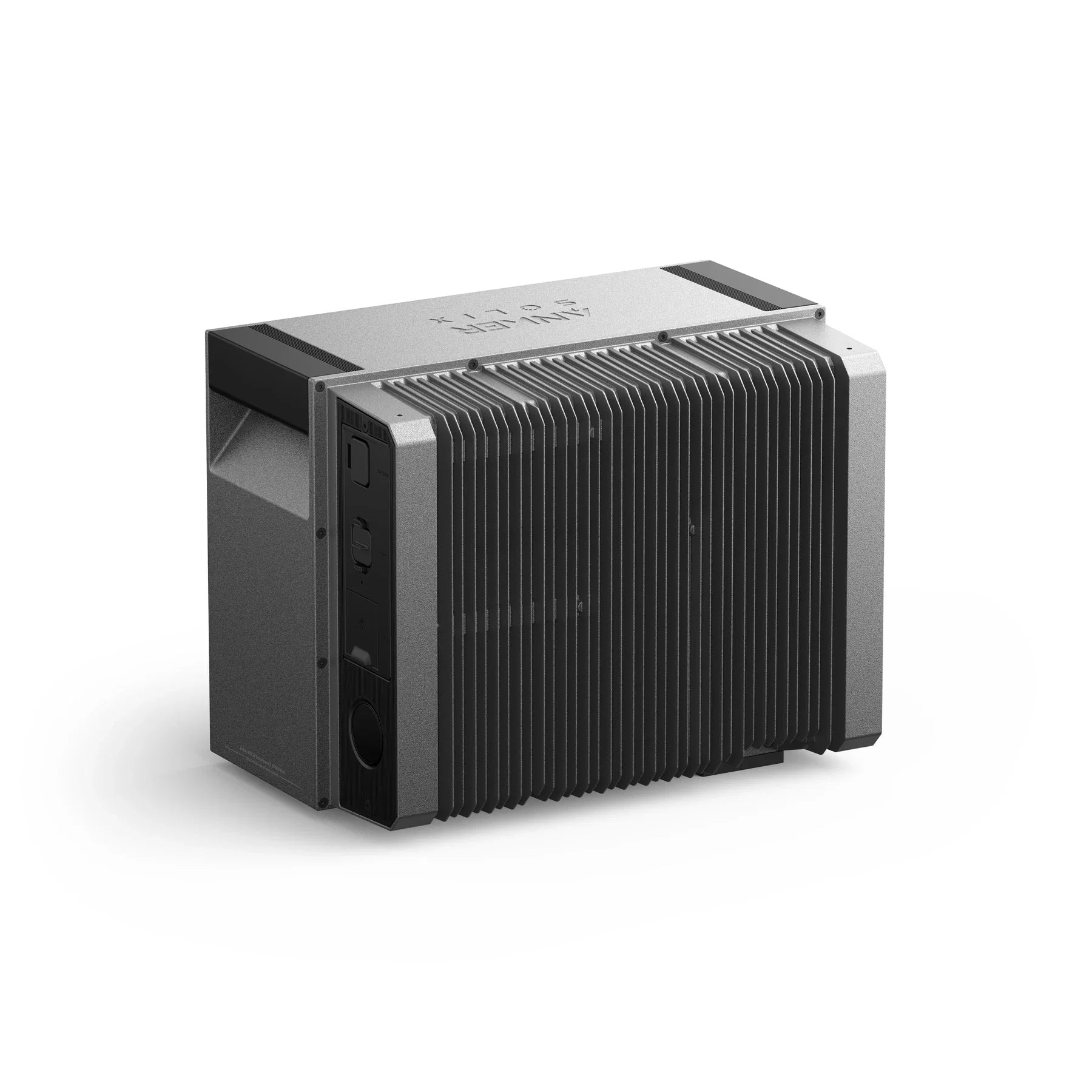 De geribbelde behuizing van de Anker SOLIX Solarbank 4 E5000 Pro van de linkerkant