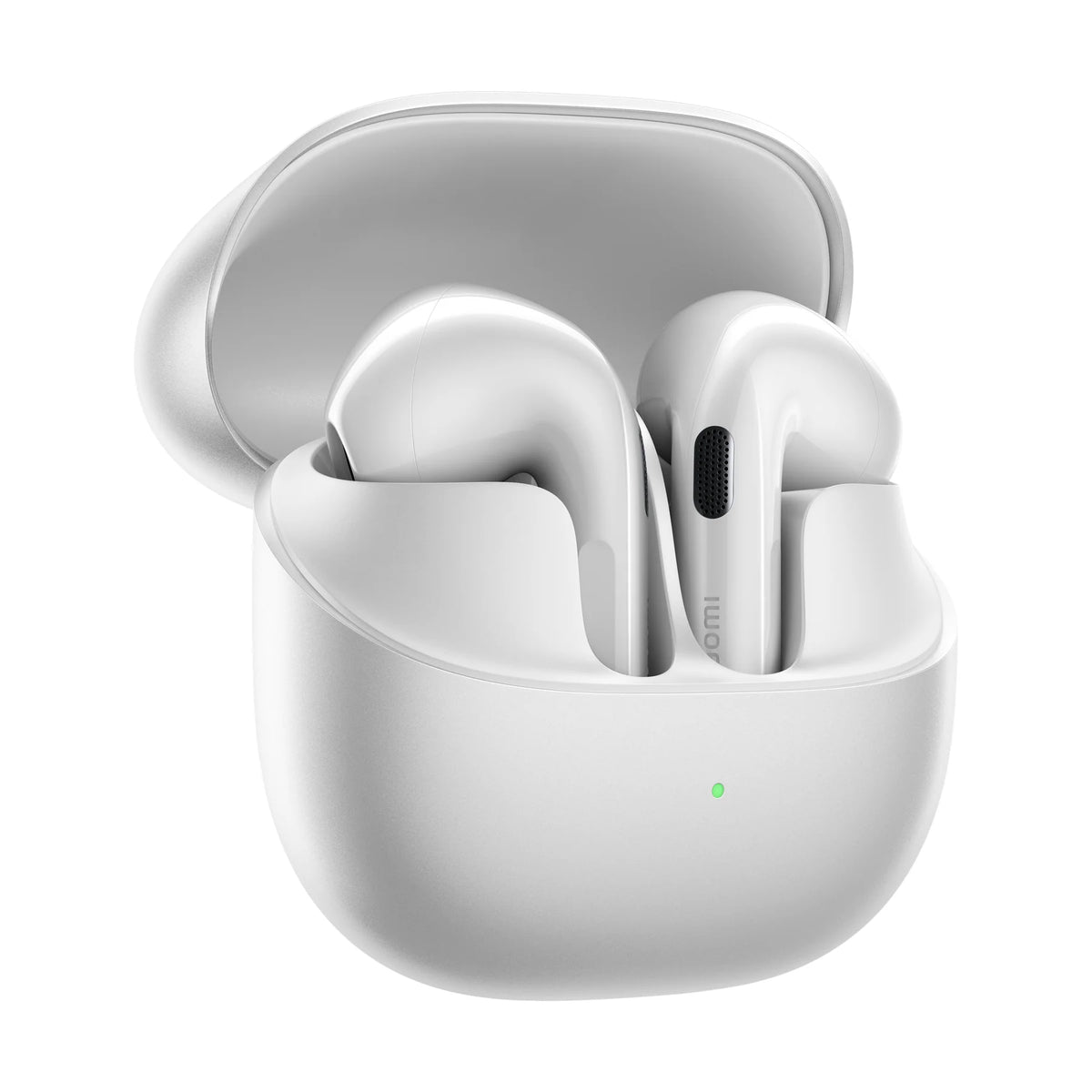Witte oplaadcase van de Xiaomi Buds 6 open, schuin van links gezien