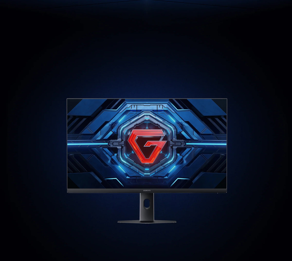 Xiaomi Gaming Monitor G27i 2026 recht van voren met het rode G-logo op het scherm