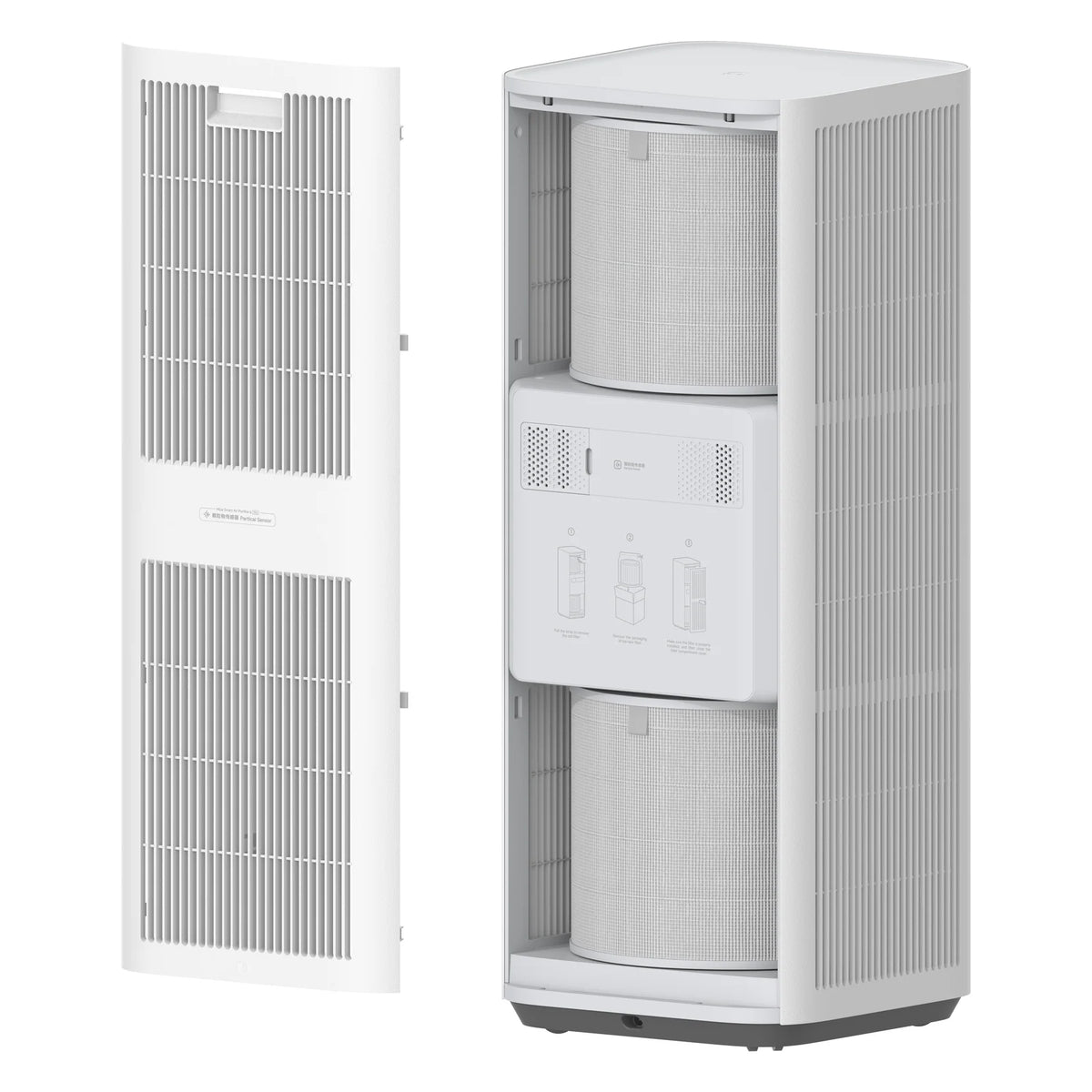Xiaomi Mijia Smart Air Purifier 6 Plus met het zijpaneel eraf en de twee filters zichtbaar