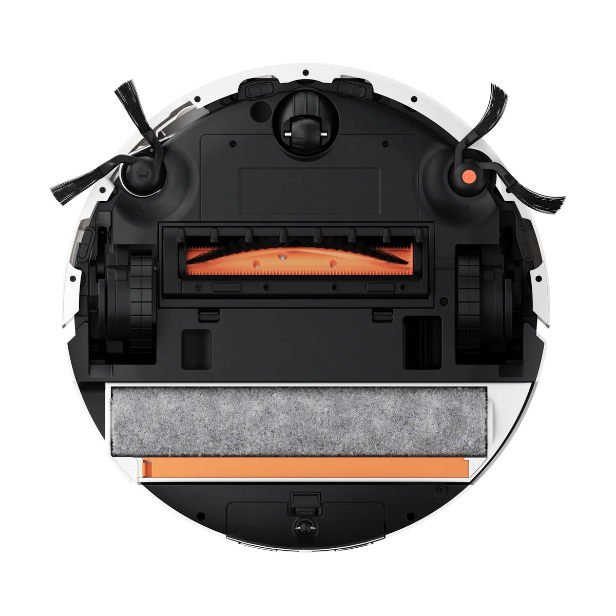 Onderkant van de Xiaomi Robot Vacuum 6 met de antiklit hoofdborstel en de rollermop