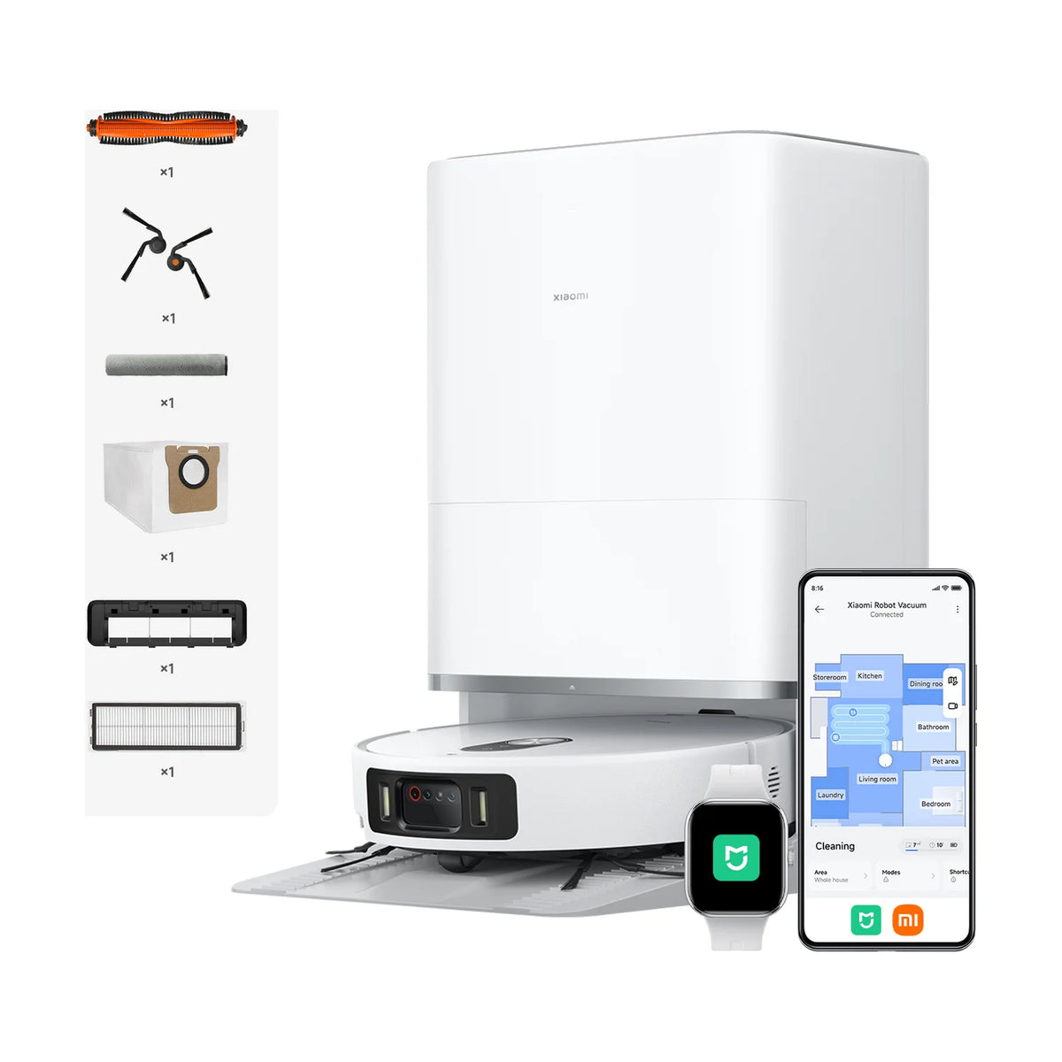 Inhoud van de doos: Xiaomi Robot Vacuum 6 Pro, station, rollermop, zijborstels, stofzak en filter