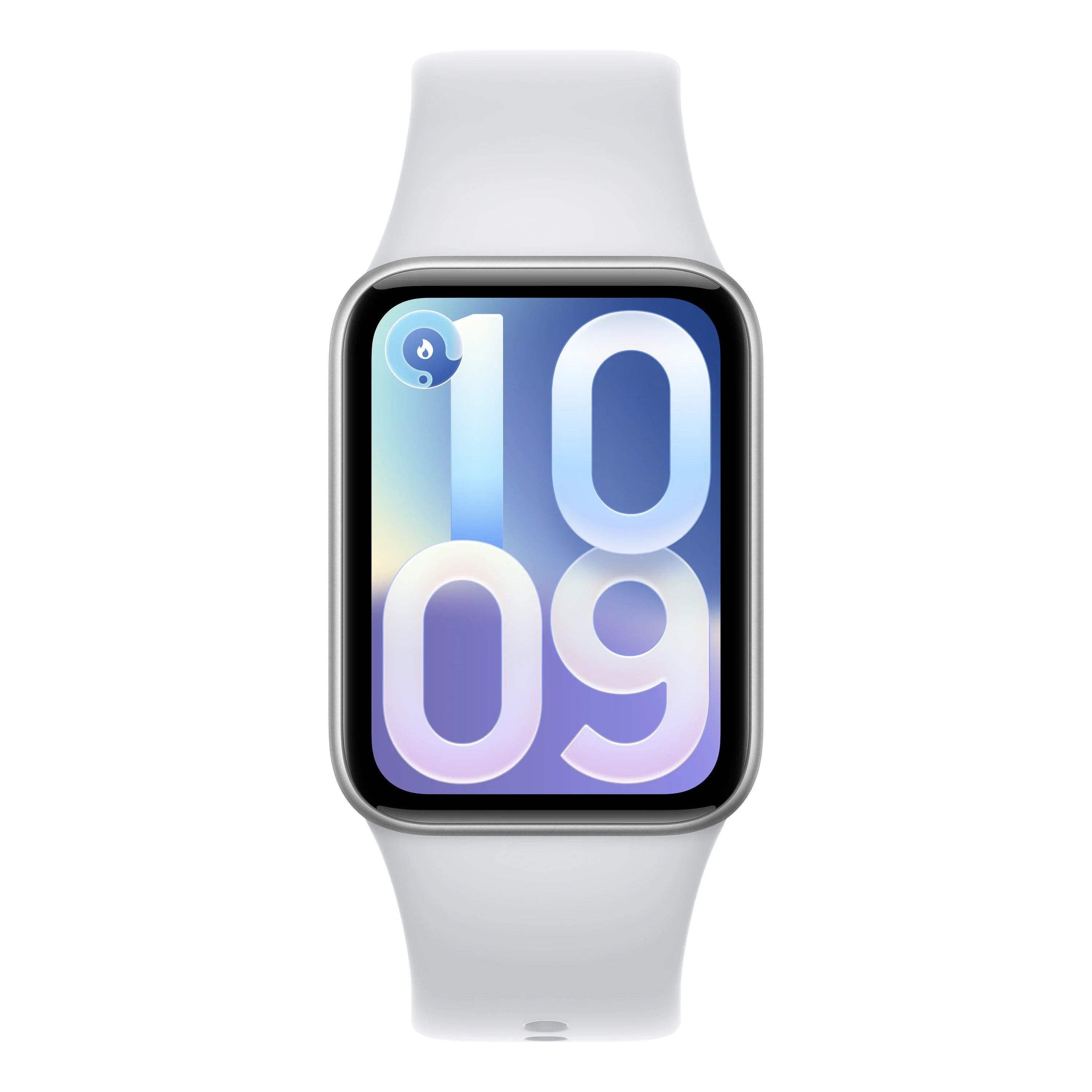 Vooraanzicht van de Xiaomi Smart Band 10 Pro in het zilver met leeg scherm