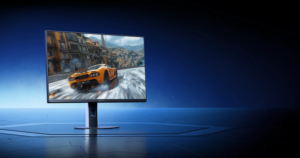 Gele sportauto in een racegame op de Xiaomi Gaming Monitor G24i 2026