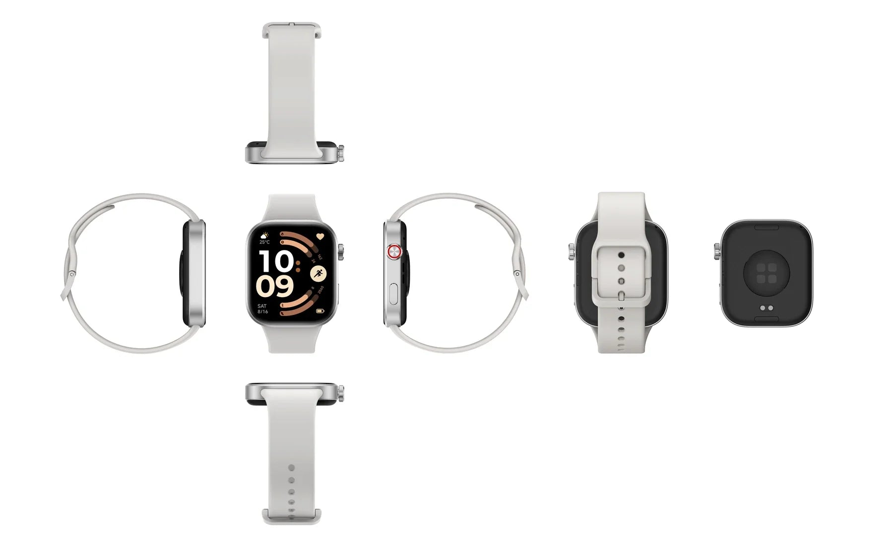 Zes aanzichten van de Xiaomi Redmi Watch 6 in het zilver