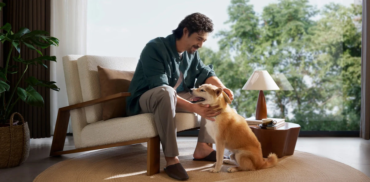 Man aait zijn hond in de woonkamer, gefilmd door de Xiaomi Smart Camera C701 Pro