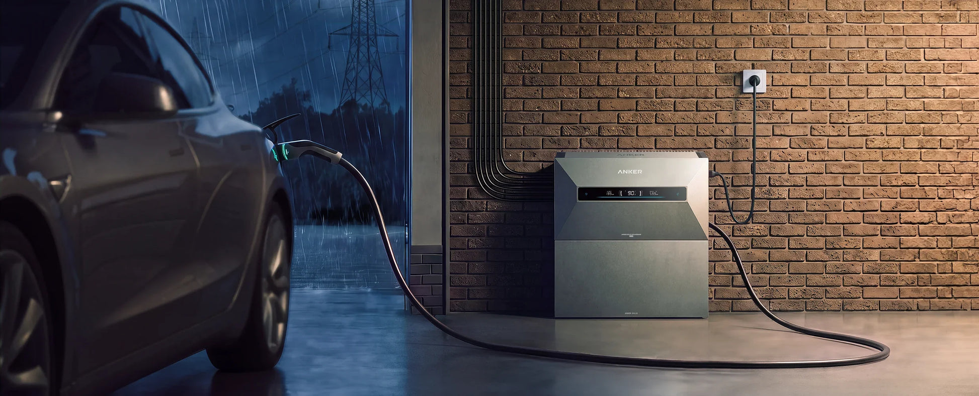 Elektrische auto laadt op de Anker SOLIX Solarbank Max Hybrid