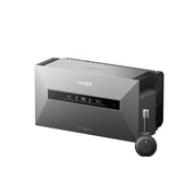 Anker SOLIX Solarbank Max Hybrid thuisbatterij schuin van voren op witte achtergrond met een p1 meter er naast