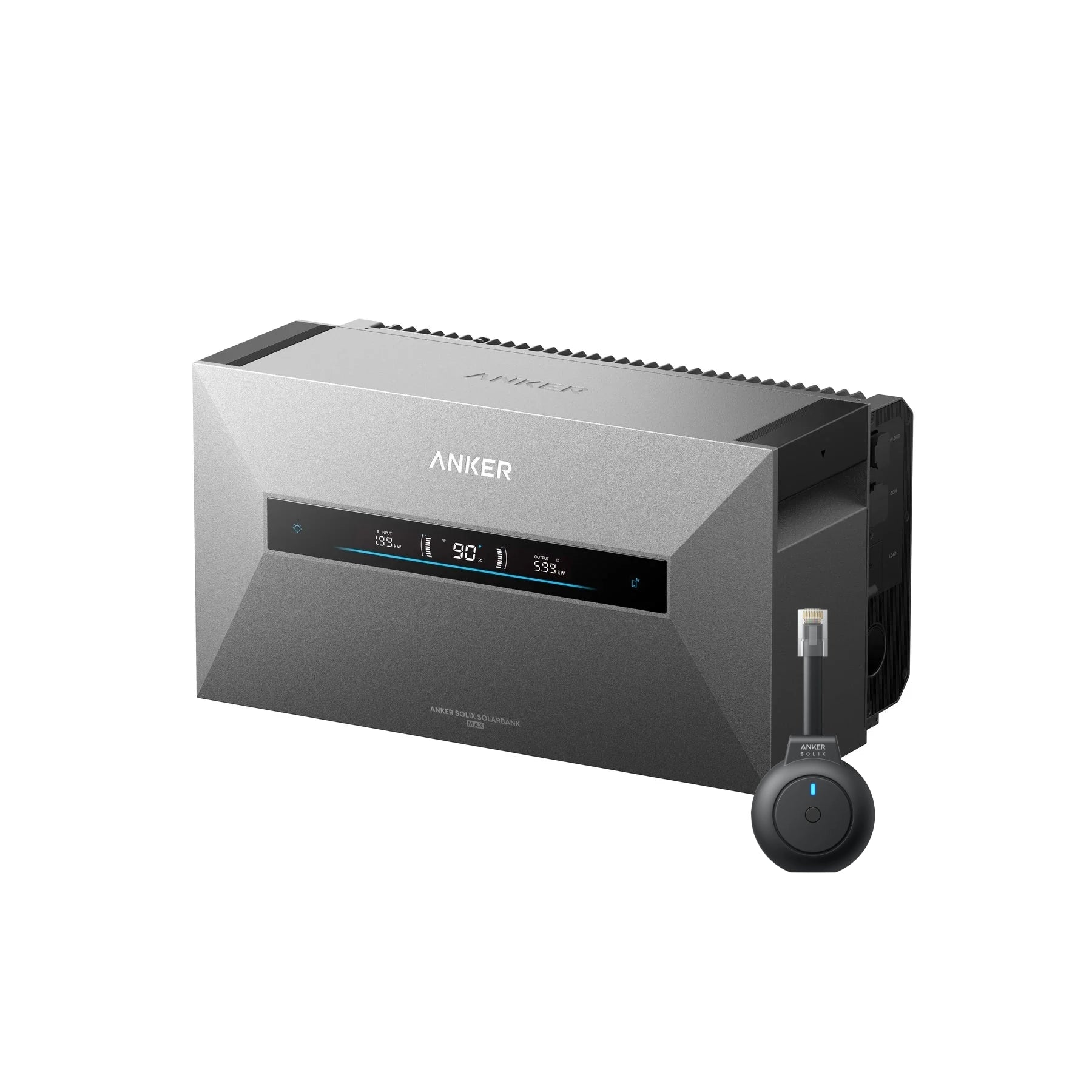 Anker SOLIX Solarbank Max Hybrid thuisbatterij schuin van voren op witte achtergrond met een p1 meter er naast