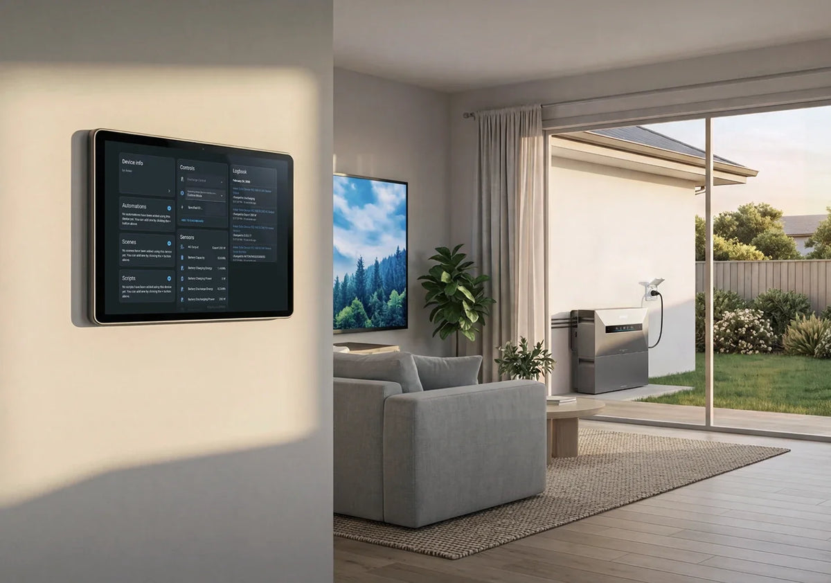 Het energiescherm van de Anker SOLIX Solarbank Max Hybrid in de woonkamer