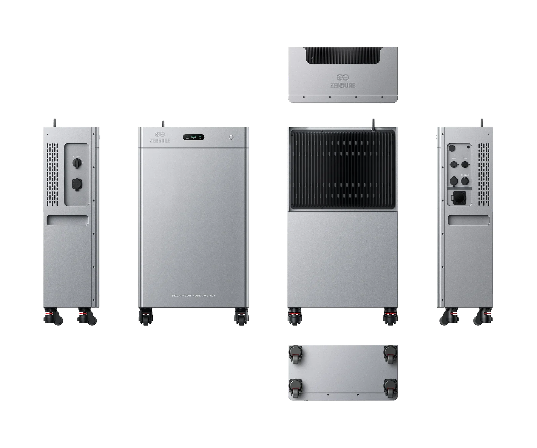 Zes aanzichten van de Zendure SolarFlow 4000 Mix AC+ naast elkaar