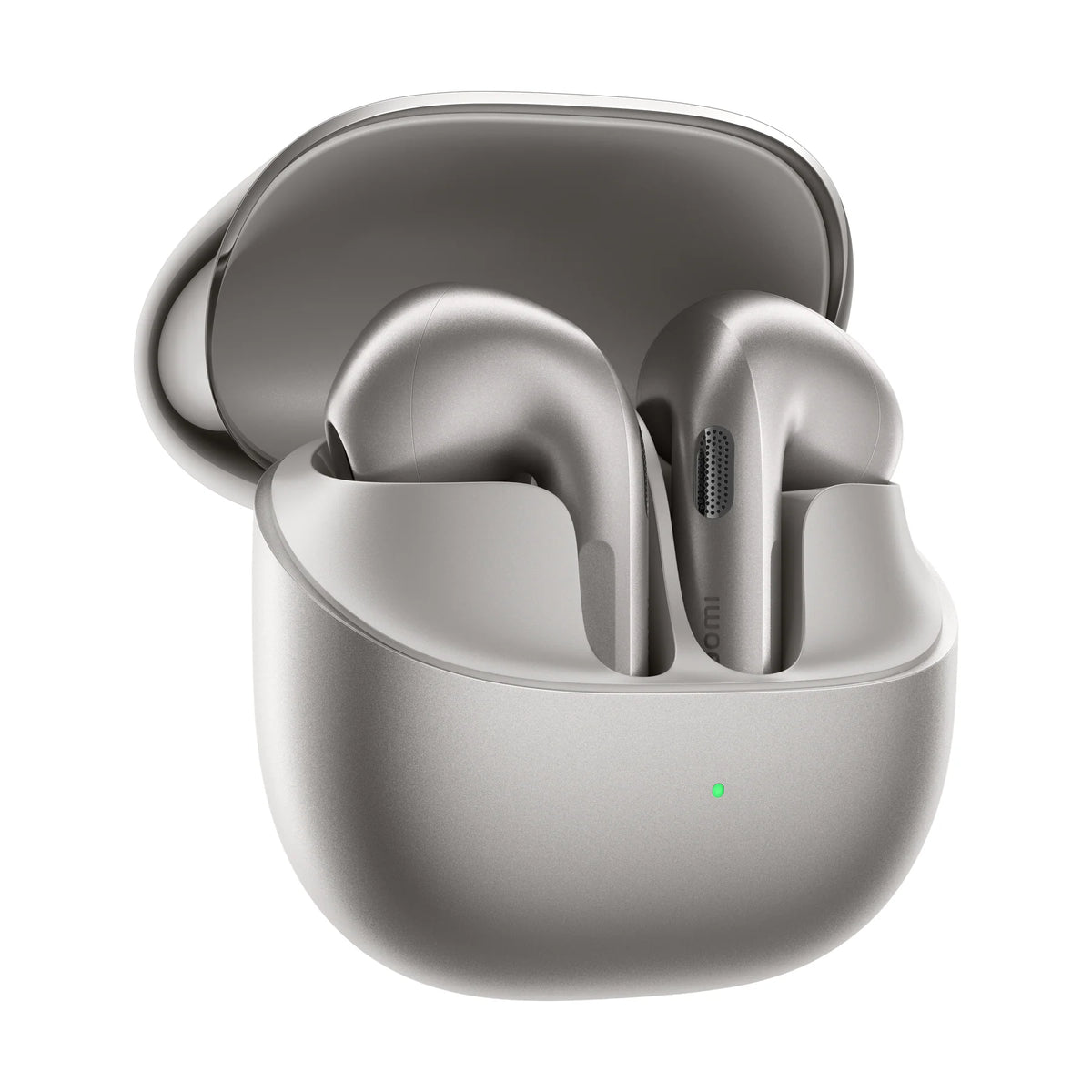 Grijze Xiaomi Buds 6 in de open oplaadcase, schuin van links