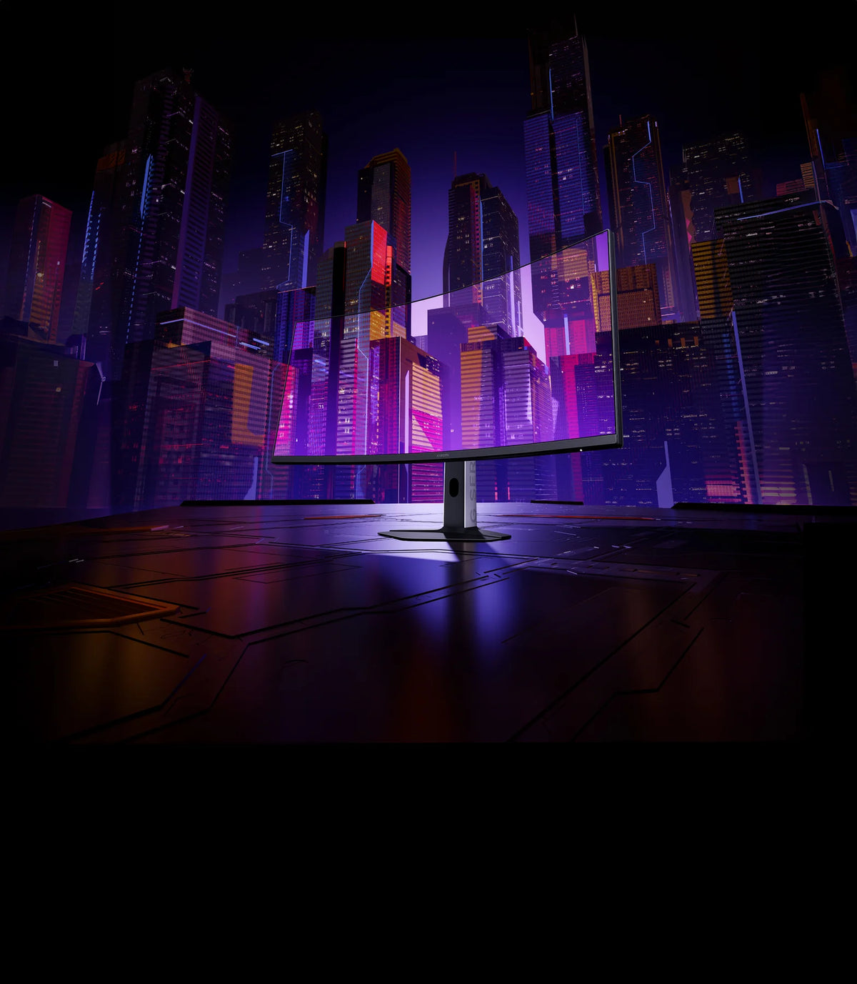Xiaomi Curved Gaming Monitor G34WQi 2026 in een neonstad, waar 180 Hz snelle beelden strak houdt