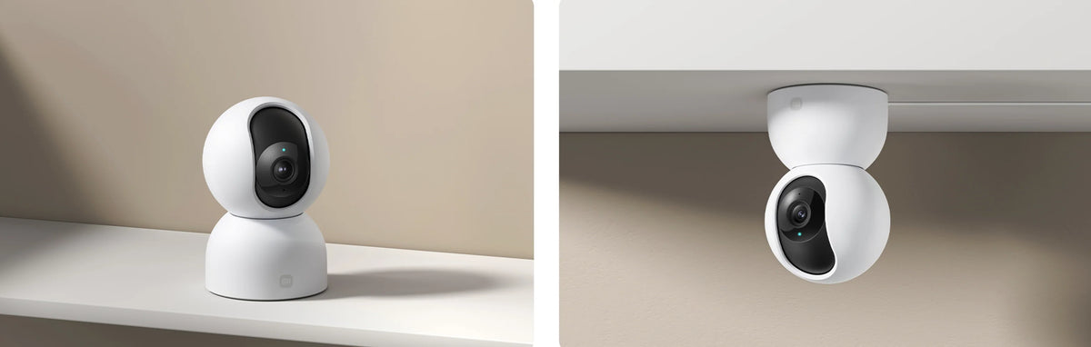 Xiaomi Smart Camera C401 op een plank en ondersteboven aan het plafond gemonteerd