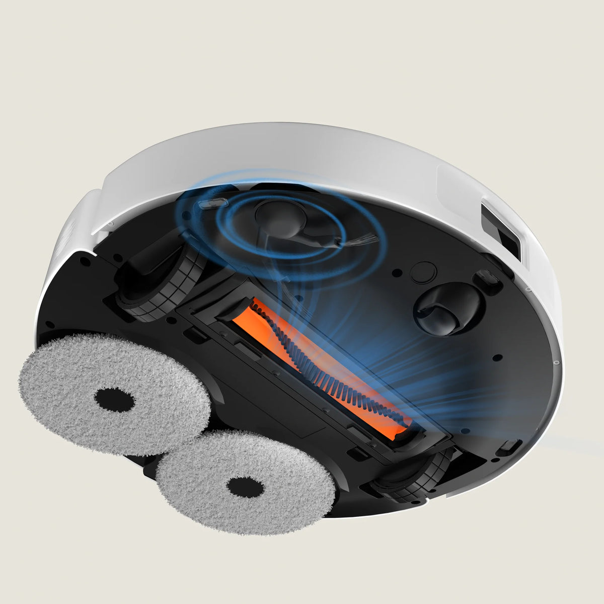 Twee draaiende dweilen en hoofdborstel onder de Xiaomi Robot Vacuum H50