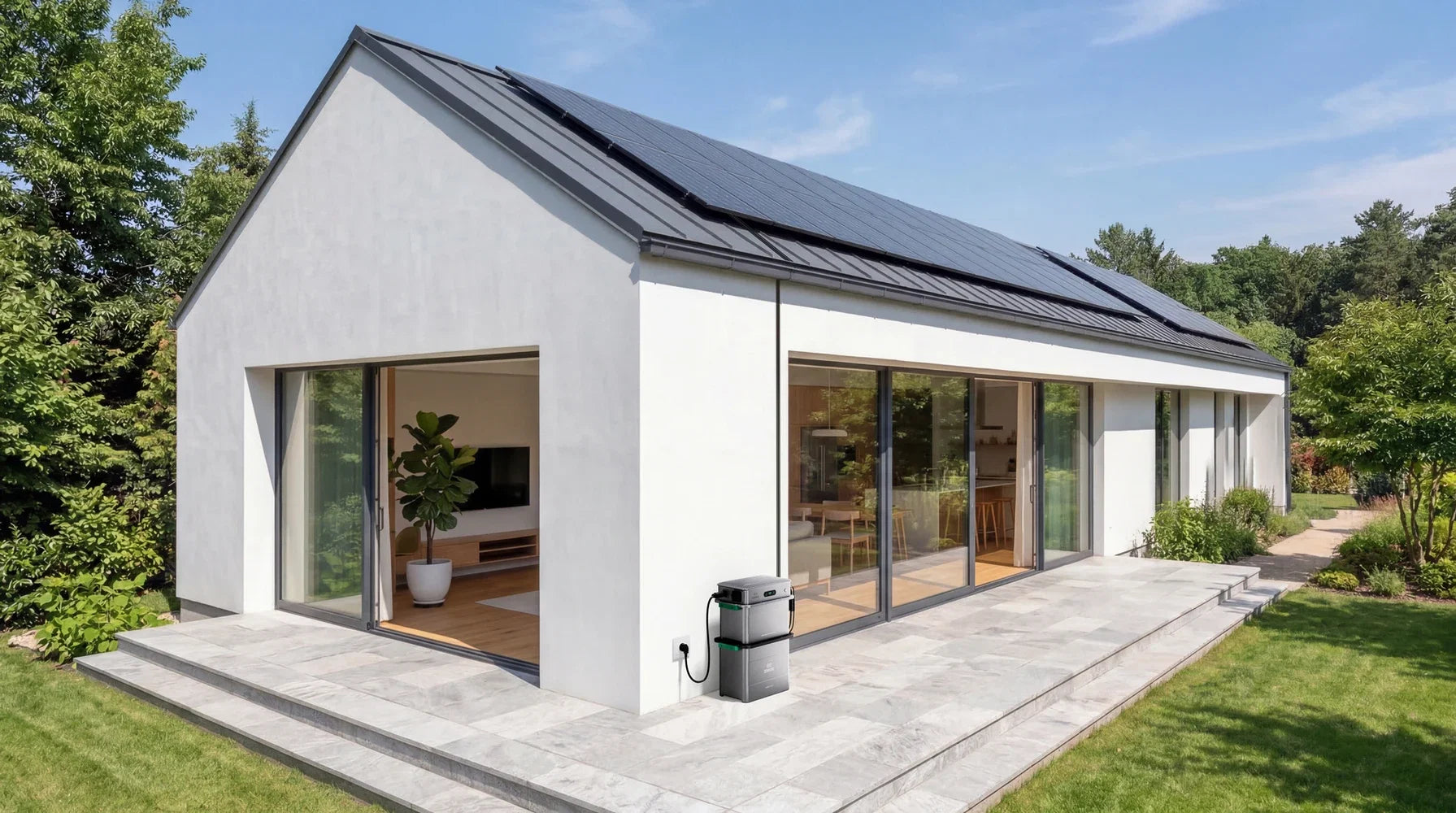Zendure SolarFlow 800 Pro 2 bij een schuur met zonnepanelen op het dak
