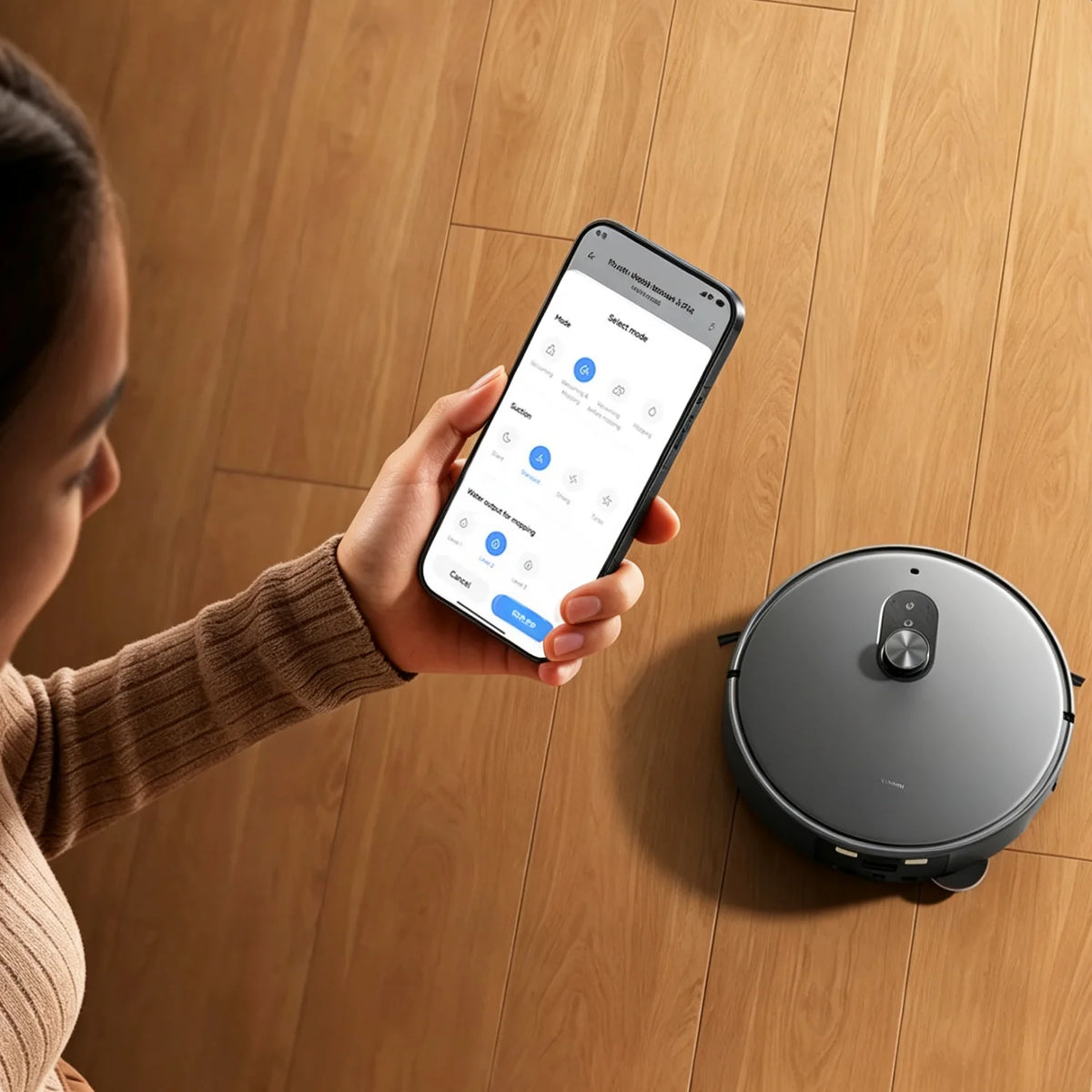 Xiaomi Robot Vacuum 6 Max op een houten vloer, bediend via de app op een smartphone