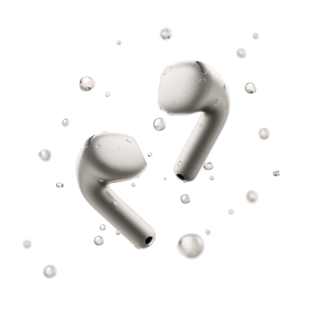 Grijze dopjes van de Xiaomi Buds 6 tussen waterdruppels, IP54