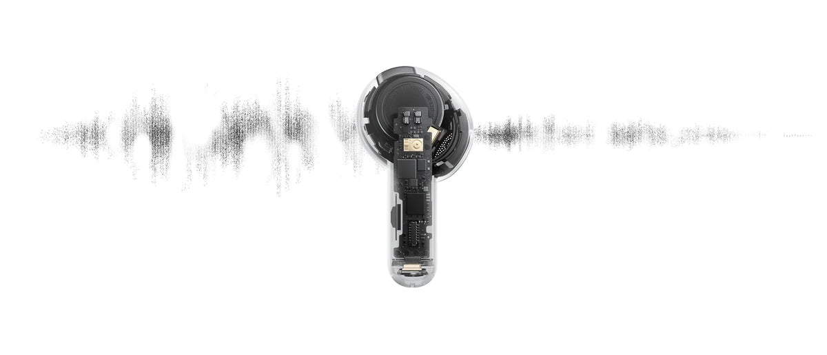 Doorzichtig dopje van de Xiaomi Buds 6 met de microfoons die je stem uit het geluid filteren