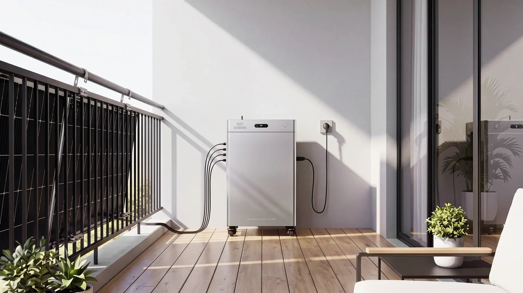 Thuisbatterij op een balkon met zonnepanelen